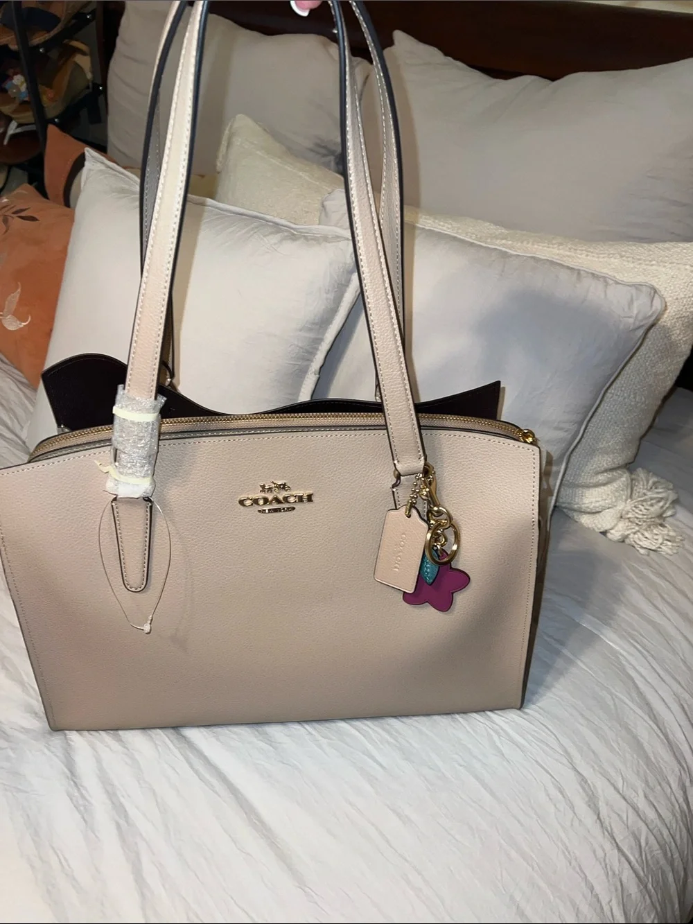 Coach Taupe Pebbled Leather Tote with Floral Charm